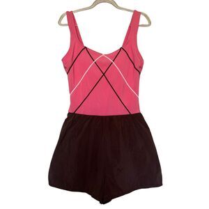 VINTAGE 1980s Gabar women's size 10 modest one piece pink brown shorts swimsuit